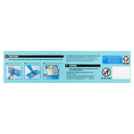 Full width product back panel showing usage instructions, caution text, and icons including a do not flush symbol