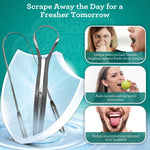 Stylized product image of three stainless steel tongue scrapers with three photo callouts describing benefits like removing bad breath and improving taste.