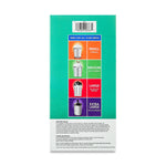 Back of a mint-green product box with a centered size infographic, barcode at top and directions text at bottom.