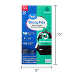 Product box front with dimensions callouts showing a 5 inch width and 10 inch height next to the Great Value Strong Flex packaging.