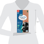 Scale image showing the Great Value Strong Flex 33-gallon product box overlaid on a gray mannequin silhouette with height measurement.