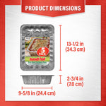 Diagram style image showing Handi-Foil lasagna pan with measurements: 13-1/2 in length, 9-5/8 in width and 2-3/4 in depth