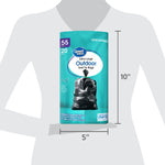 Graphic showing product dimensions with a Great Value 55 gallon outdoor bag roll overlaid on a torso silhouette marked 10" tall and 5" wide
