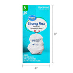 Product dimensions graphic of Great Value Strong Flex box with 4" width and 8" height measurements alongside the box image