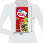 Illustration of a person silhouette holding a Great Value Gallon Storage Slider Bags box with product dimensions marked 11" tall and 5.5" wide.
