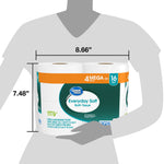 Illustration showing product dimensions with silhouette holding a four-mega-roll Great Value Everyday Soft bath tissue package and measurements.