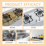 Infographic titled "Product Efficacy" showing before-and-after stovetop photos and appliance use cases