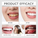 Product efficacy collage showing before-and-after teeth photos and small panels labeled whiten teeth, halitosis, mouth ulcers