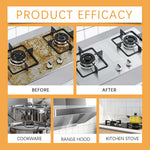 'Product Efficacy' comparison layout with before/after stove photos and icons for cookware, range hood, kitchen stove