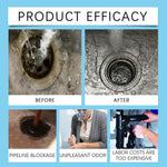 Product efficacy collage showing before/after drain photos and three small panels illustrating pipeline blockage, odor, and labor costs.