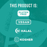 Green product graphic stating 'This product is:' followed by gluten free, vegan, halal and kosher icons