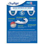 Informational back panel style graphic showing before/after fit images, molding bowl and feature callouts for the guard
