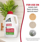 Product lifestyle image of Nature's Miracle jug next to plant with text listing uses for carpets, hard floors and furniture