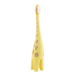 Studio product shot of a yellow giraffe-pattern infant toothbrush standing upright on a white background.