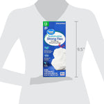 Silhouette scale image showing a person holding a Great Value Sustainable Strong Flex trash bag box with dimensions