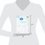Silhouette scale graphic showing boxed Great Value white forks and spoons with 5" by 7" dimensions