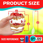Hand holding a filled clear dessert cup with measurement arrows and a clear plastic spoon shown for size reference