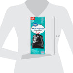 Scaled mockup showing a person silhouette holding a vertical Great Value trash bag box with a 9.5-inch height indicator