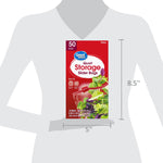 Silhouette product scale image showing Great Value quart storage slider bags box with dimensions and placement on torso