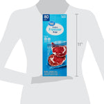 Silhouette scale graphic showing a Great Value gallon freezer bags box held against a person outline with 11-inch height mark.