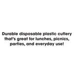 Black bold text on a white background reading: "Durable disposable plastic cutlery that's great for lunches, picnics, parties, and everyday use!"