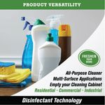 Promotional graphic showing assorted cleaning bottles and sponges with text about all-purpose cleaner and multi-surface applications