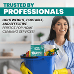 Smiling professional holding a blue cleaning caddy that contains an Uncle Todd's carpet cleaner pouch, with headline trusted by professionals.