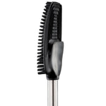 Profile view of a black rubber bristle toilet brush with ergonomic grip and stainless steel handle