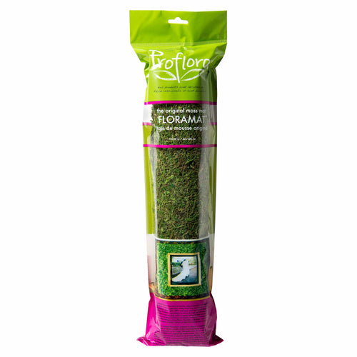 Tall packaged Proflora Floramat moss roll in branded green and pink plastic bag against white background.