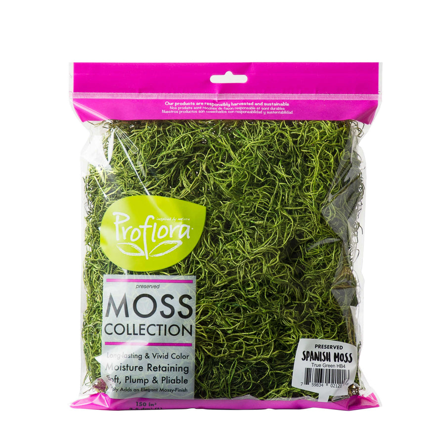 Clear retail bag of ProFlora preserved Spanish moss in vivid true green with visible product label