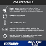 Project details panel listing coverage, temperature range and cleanup instructions for concrete prep