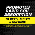 Black and yellow infographic stating Promotes Rapid Soil Absorption to Repel Moles & Gophers