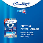Promotional blue panel showing SleepRight ProRx packaging and text declaring custom dental guard for nighttime teeth grinding