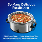 Promotional image of a slow cooker with a clear liner holding stew, headline reading “So Many Delicious Possibilities!”