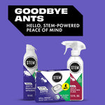 Promotional graphic with three STEM branded insect control products and headline reading "Goodbye Ants" on a purple background
