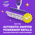 Promotional graphic showing a Swiffer Power Mop head and mop pad with a yellow checkmark and headline about authentic refills.