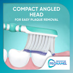 Illustration of an angled compact toothbrush head brushing along teeth with Pronamel logo and feature headline