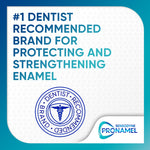 Text-based graphic stating "#1 dentist recommended brand for protecting and strengthening enamel" with Pronamel seal