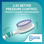 Close-up illustration of a Pronamel toothbrush head highlighting pressure control benefits with brand badge