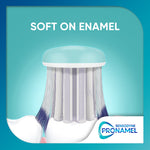 Illustrated toothbrush bristles shown soft on enamel with a rounded cap and Pronamel logo in corner