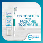 Promotional image pairing a Pronamel toothpaste tube and matching toothbrush with text encouraging trying together