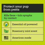 Infographic-style green panel reading "Protect your pup from pests" and features listing essential oil powered, rosemary mint scent, American made