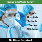 Lifestyle/marketing image of a person in protective medical gear and goggles with text 'Spray and Walk Away' and venue list