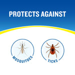Graphic panel reading protects against with icons showing mosquitoes and ticks in circular frames.