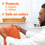 Person holding an orange garment with overlaid text 'Protects Brights & Whites' and 'Safe on colors' messaging.