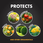Protects graphic showing circular photos of flowers, vegetables, fruits, shrubs and roses on a dark background.