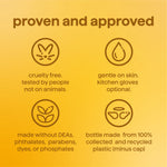 Yellow panel of icons and text listing product claims like cruelty free, gentle on skin, and recycled bottle materials