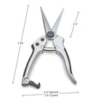 Pruning shears photographed with dimension callouts showing blade length and overall measurements on white background.