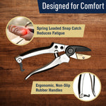 Lifestyle-style product graphic showing pruning shears on a wood background with notes about ergonomic non-slip handles and reduced fatigue