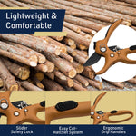Graphic collage showing orange pruning shears details over stacked cut logs with text highlighting lightweight and comfortable